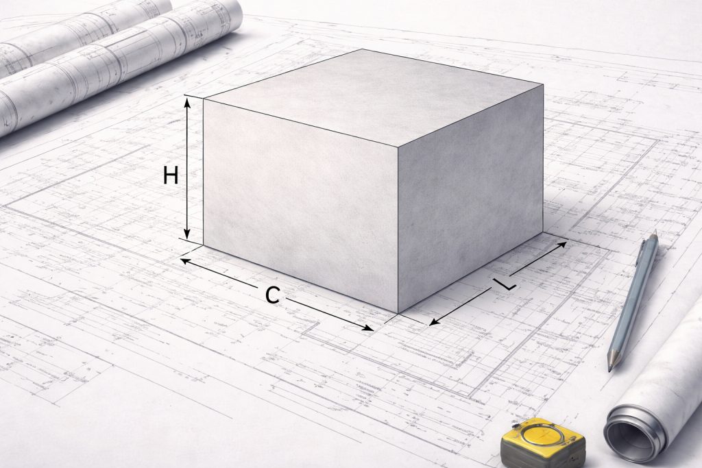 Estudo de viabilidade com volumetria de galpão representada por cubo com dimensões de altura, comprimento e largura em prancha técnica