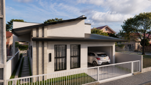 Projeto de reforma residencial com aproximadamente 100m² desenvolvido pela Antoni Engenharia, apresentando fachada moderna e readequação completa dos ambientes.