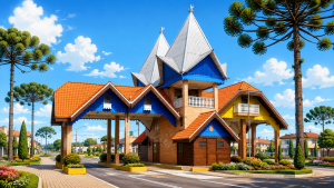 Ilustração do portal de entrada de Canoinhas em Santa Catarina, com arquitetura típica, jardins e araucárias.