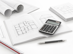 Calculadora sobre prancha de projeto arquitetônico para estimativa de custo de construção pelo CUB