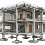 Ilustração 3D em corte de residência mostrando vigas, pilares, lajes e sapatas de concreto armado.