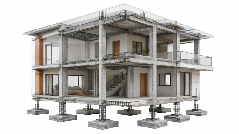Ilustração 3D em corte de residência mostrando vigas, pilares, lajes e sapatas de concreto armado.