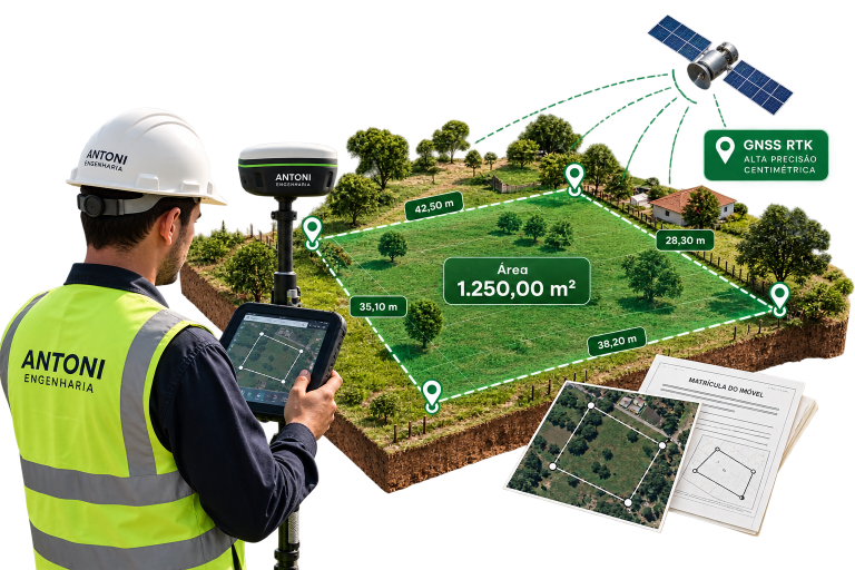Engenheiro realizando conferência de área e demarcação de terreno com equipamento GNSS RTK