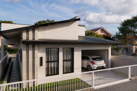 Projeto de reforma residencial com aproximadamente 100m² desenvolvido pela Antoni Engenharia, apresentando fachada moderna e readequação completa dos ambientes.