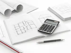 Calculadora sobre prancha de projeto arquitetônico para estimativa de custo de construção pelo CUB