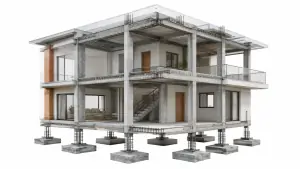 Ilustração 3D em corte de residência mostrando vigas, pilares, lajes e sapatas de concreto armado.