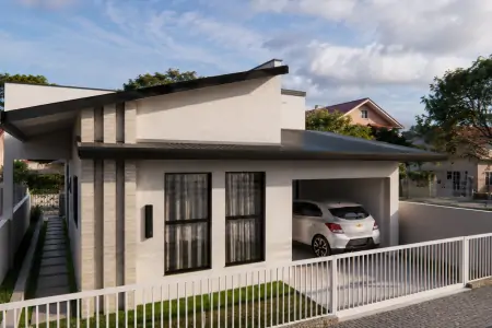 Projeto de reforma residencial com aproximadamente 100m² desenvolvido pela Antoni Engenharia, apresentando fachada moderna e readequação completa dos ambientes.